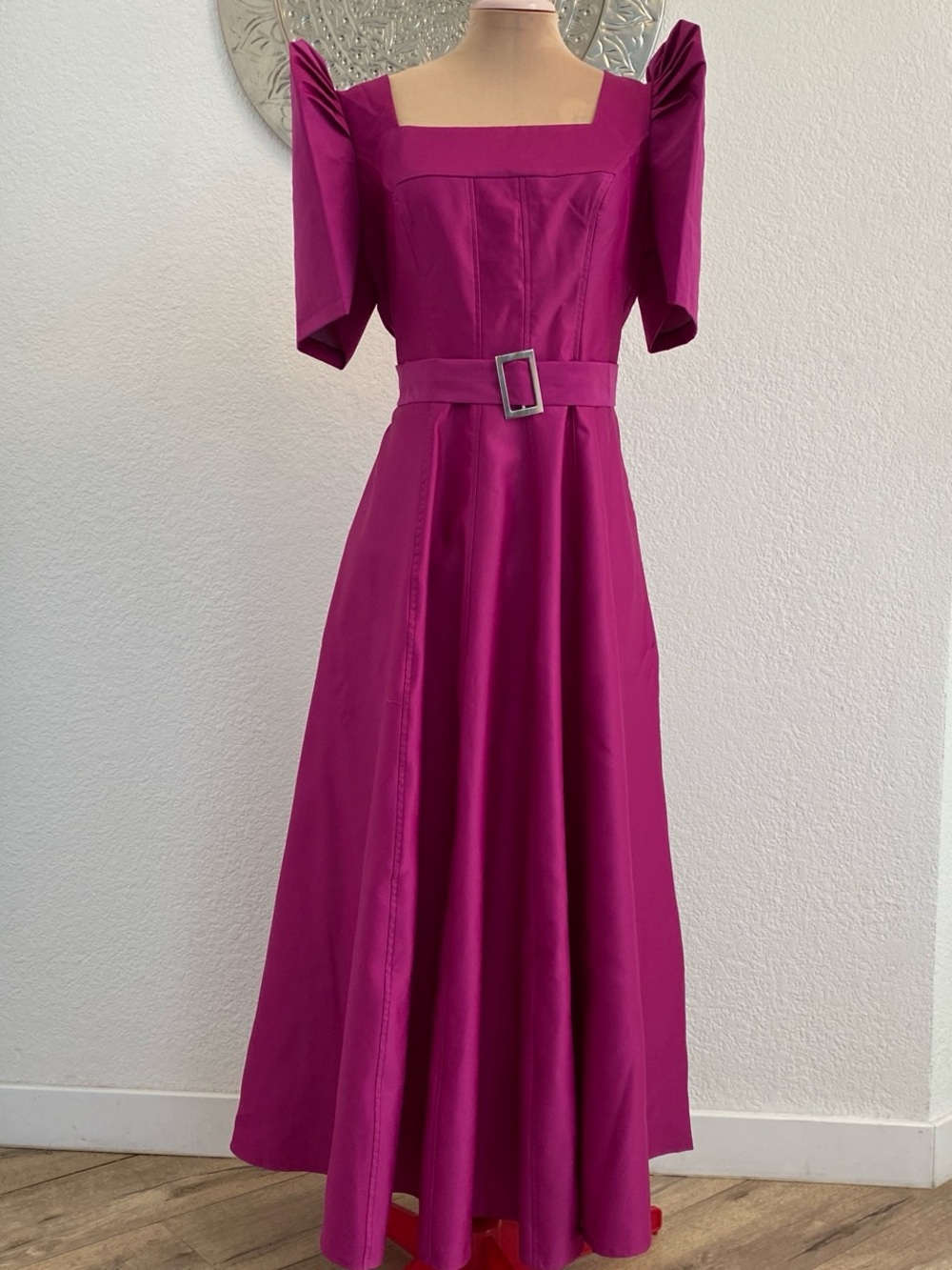 Filipiniana Magenta Square-Neck Midi Dress with Sculpted Shoulders, and pockets